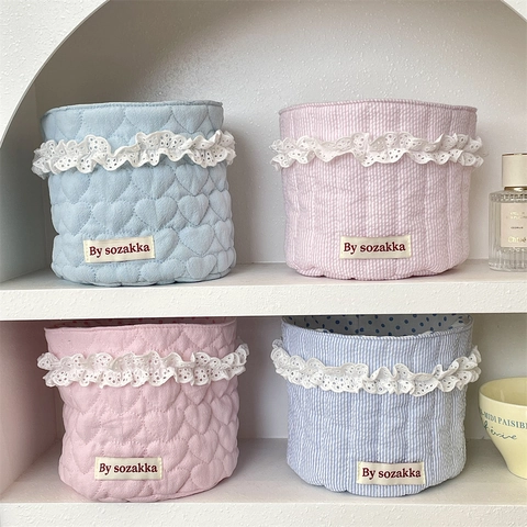 Quilted Fabric Storage Basket Desktop Organizer Bin Round Cylindrical With Lace Trim Heart Striped Pattern Zakka Style