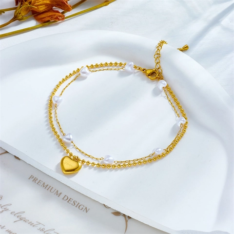 Cavigliera A Strati Con Pendente A Cuore In Acciaio Al Titanio Con Imitazione Di Perla Artificial Stile Spiaggia Colore Oro Per Donna