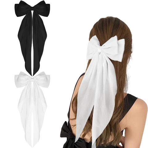 Elegante Pinza Para El Pelo Con Lazo Grande De Tela Cinta Larga Diseño Color Sólido Clip De Resorte Accesorio Mujer Niña Regalo