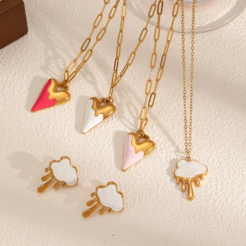 Collana Con Pendente A Cuore E Nuvola Per Donna Acciaio Inossidabile Placcato Oro 18K Smalto Gioielli Eleganti