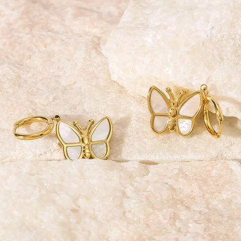 Vlinder Vleugel Oorringen Elegant Roestvrij Staal Wit Kunstparelmoer 18K Verguld Hangende Oorbellen Sieraden Voor Dames