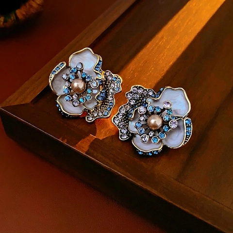 Vintage Blumen Geometrische Ohrringe Kupfer Mit Silbernen Ohrsteckern Strass Künstliche Perlen Eleganter Retro Stil Für Damen