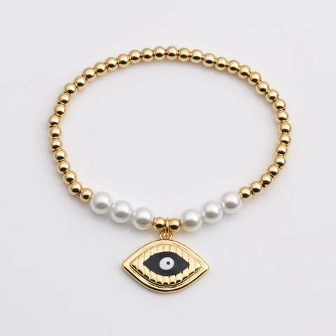 Bracciale Ciondolo Malocchio Cuore Rame Zircone Perla Artificial Sintetica Elastico Boho Gioielli Moda Donna