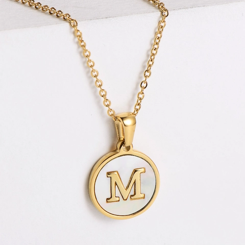 Collar Inicial Letra Disco Redondo Acero Inoxidable 304 Chapado Oro 18k Colgante Concha Joyería Para Mujer