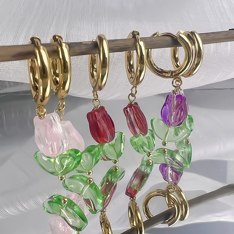 Tulip Flower Drop Hoop Earrings 18K Gold Plated Stainless Steel Colored Glaze French Retro Style Jewelry For Women