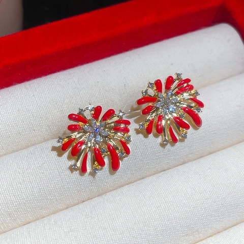 Firework Flower Stud Earrings Copper With 925 Sterling Silver Earring Post Zircon Artificial Pearl Red Enamel Vintage New Year Jewelry