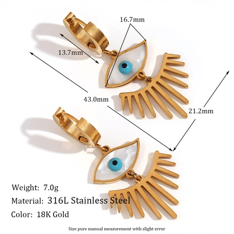 Bohemian Evil Eye Lash Drop Earrings 18K Gold Plated Stainless Steel White Mother Of Pearl Shell Inlay Dangle Earrings Women