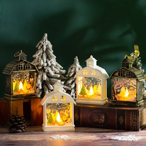 Christmas LED Lantern Retro Handheld Night Light Ornament Hanging Decoration Plastic Glass Santa Snowman Pattern Warm Glow