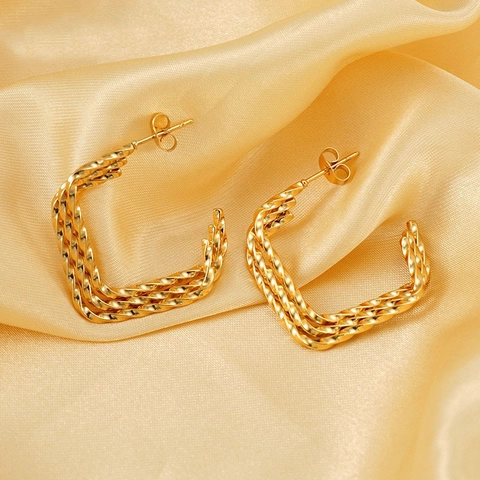 Geometric Square C-Hoop Earrings Twisted Rope Multi Layer 18K Gold Plated Stainless Steel Luxury Jewelry For Women