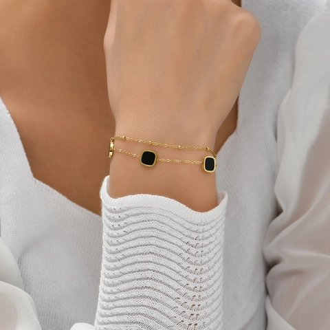 Layered Stainless Steel Bracelet Geometric Black Square Charm Gold Plated Minimalist Fashion Jewelry For Women