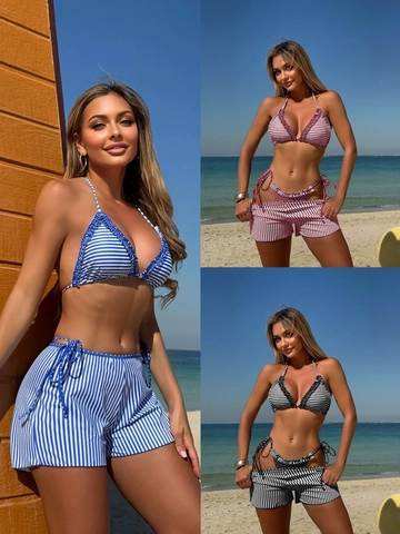Dames Halter Bikini Top En Broekje Met Bijpassende Shorts Met Trekkoord Strepen Stip Print Ruches Strandkleding