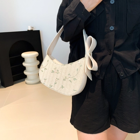Borsa Sottobraccio In Paglia Intrecciata Da Donna Ricamo Floreale Decorazione Con Fiocco Pelle PU Borsa A Spalla Mezzaluna Stile Vintage