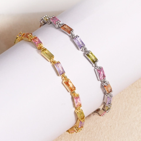 Pulsera De Tenis Arcoíris Latón Chapado En Oro De 18K Circonita Cúbica Rectangular Baguette Joyas De Moda Para Mujer