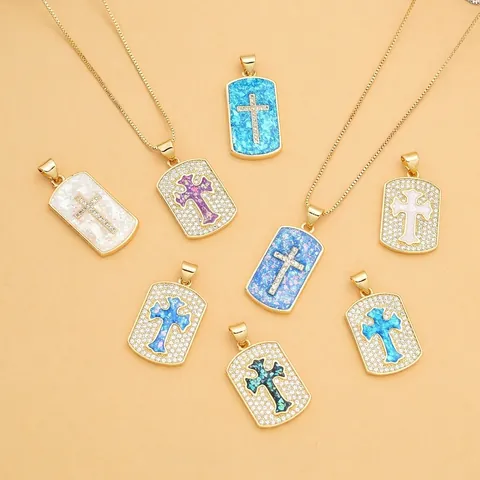 Pendente Croce Hip Hop Rame Placcato Oro 18K Rettangolare Opale Sintetico Zirconia Gioielli Di Moda