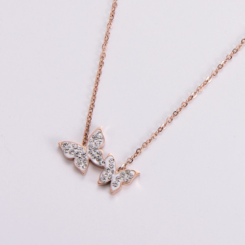 Collana Con Ciondolo A Doppia Farfalla Per Donna In Acciaio Inossidabile 316L Con Strass In Zircone Placcato Oro 18K