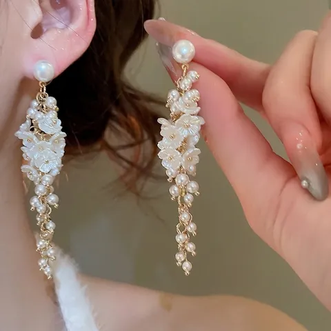 Artificial Pearl Flower Long Tassel Earrings With 925 Sterling Silver Earring Post Elegant Gold Tone Alloy Floral Jewelry For Women