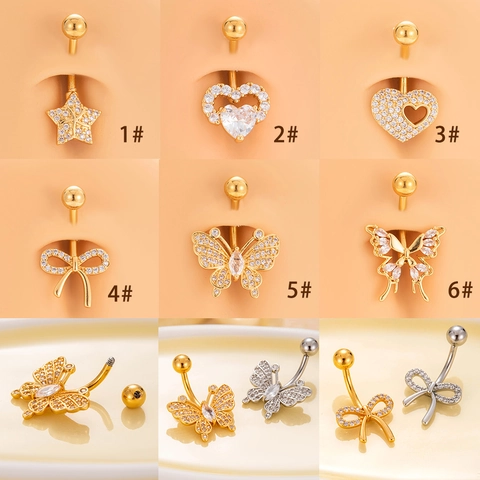 Belly Rings Stainless Steel Zircon Set Copper Heart Butterfly Star Piercing Jewelry For Women