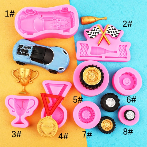 Racing Car Trophy Medal Flag Tire Silicone Mold For Fondant Chocolate Cake Decorating DIY Baking Tool