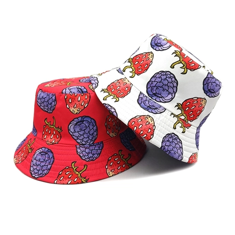 Bucket Hat Fruchtmuster Polyester Wendbar Erdbeere Brombeere Outdoor Sonnenschutz Retro Casual Unisex
