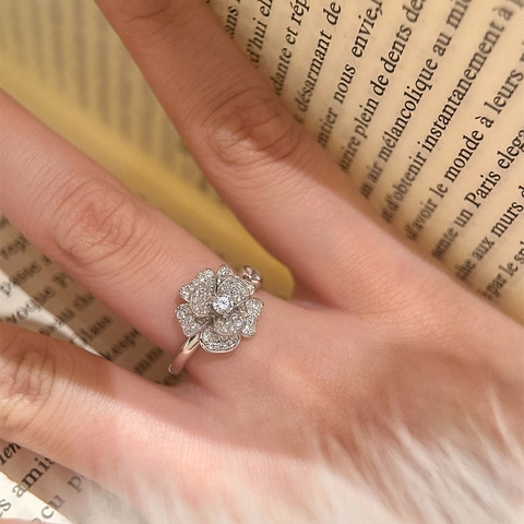 Anello Aperto Fiore Camelia Rame Zirconia Cubica Pavimentata Regolabile Elegante Gioielli Di Moda Lusso Per Donne Regalo