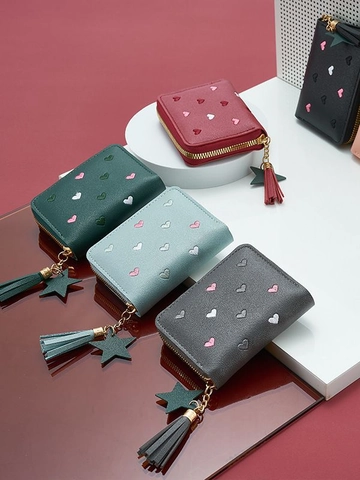 Women Small Wallet PU Leather Zip Around Coin Purse With Heart Embroidery And Tassel Star Charm Short Card Holder