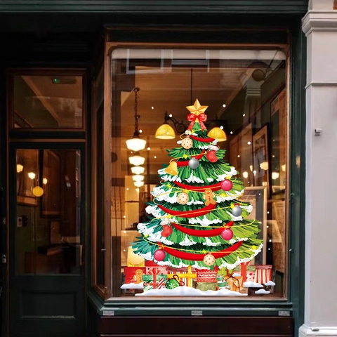 Christmas Tree Window Stickers Static Cling PVC Double Sided Color Glass Door Decals Holiday Party Shop Decor Cartoon Green