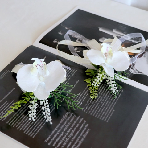 Künstliche Weiße Phalaenopsis Orchidee Ansteckblume Und Handgelenkskorsage Satinnorchidee Für Hochzeit Party Bräutigam Braut