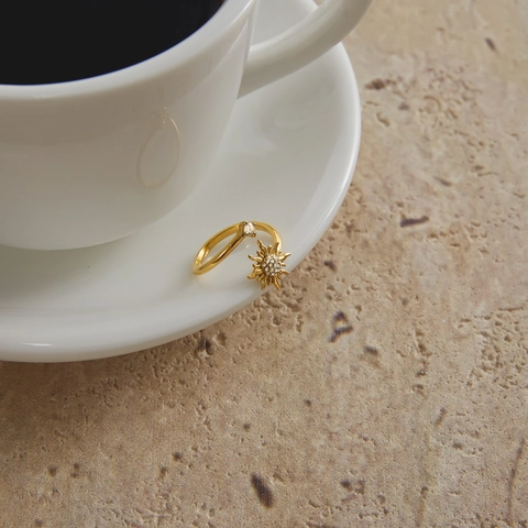 Zon Zirkoon Ring Roestvrij Staal Verguld Open Verstelbaar Mode-Sieraden Voor Vrouwen Elegant Sterrenregen Vinger Ornament