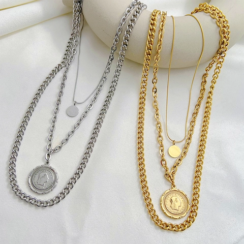 Collana A Strati In Acciaio Inossidabile Ciondolo Moneta Ritratto Disco Rotondo Gioielli Retro Lusso Per Donna