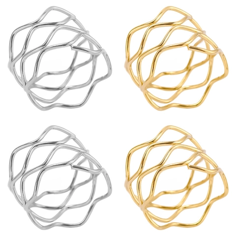 Wave Hollow Ring 304 Stainless Steel Gold Plated Minimalist Layered Wide Band Fashion Jewelry For Women