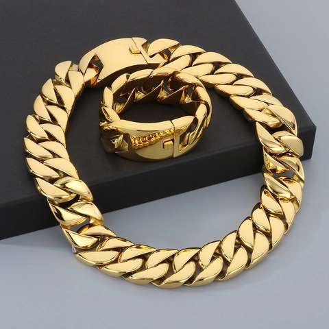 Cuban Link Kette Und Armband Herren Edelstahl Hip Hop Schwer Glänzend Schmuck