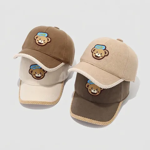 Kids Cotton Baseball Cap Warm Windproof Outdoor Sun Hat Dinosaur Bear Cartoon Pattern Rope Trim Hip Hop Style Hat