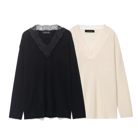 Lace Trim V Neck Knitted Pullover Sweater Long Sleeve Solid Color Soft Wool Blend Elegant Jumper Top For Women