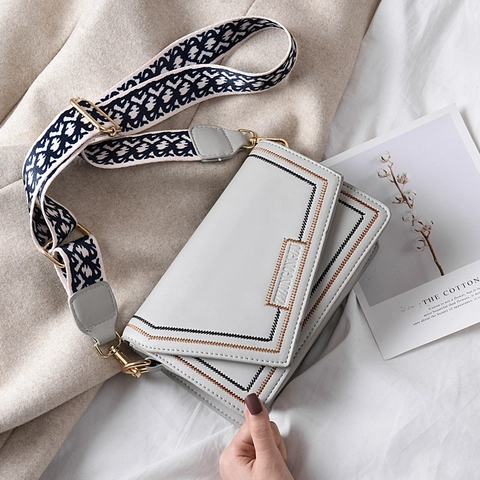 Women Fashion PU Leather Crossbody Bag With Wide Patterned Shoulder Strap Elegant Small Square Flap Shoulder Bag Casual Daily Handbag