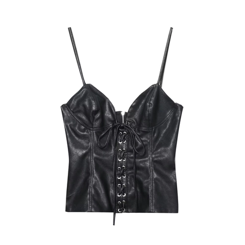 Women PU Leather Corset Camisole Tank Top Lace Up V Neck Sexy Spaghetti Strap Black Streetwear Party Faux Leather Zipper