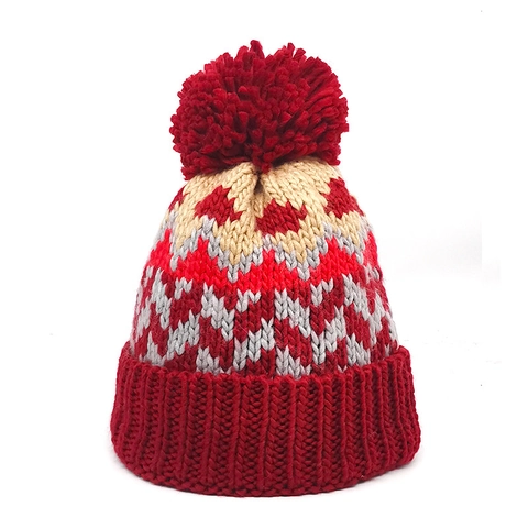 Women Winter Knit Beanie Hat Acrylic Warm Wave Jacquard Pom Pom Folded Cuff Thermal Skull Cap Outdoor