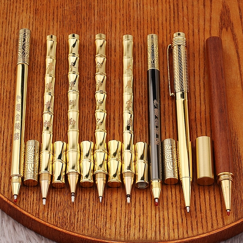 Brass Signature Pen Bamboo Joint Shape Retro Metal Business Writing Stationery Gift Black Ink Novelty