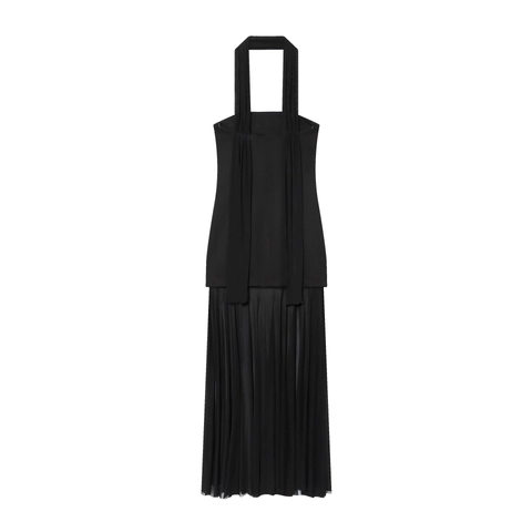 Halterneck Maxi Jurk Mouwloos Geplooid Mesh Patchwork Elegant Sexy Socialite Zwart Voor Dames Lange Jurk