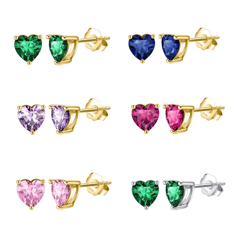 Heart Shaped Zircon Stud Earrings With 925 Sterling Silver Earring Post Copper Colorful Stone Jewelry For Women