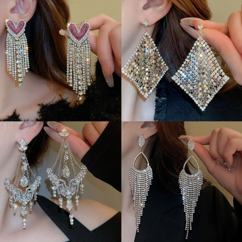 Statement Tassel Drop Earrings For Women With 925 Sterling Silver Earring Post Alloy Rhinestone Artificial Pearl Geometric Luxury