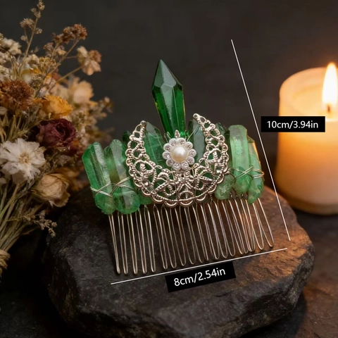 Pettine Per Capelli In Cristallo Naturale Luna Crescente Fatto A Mano Bohemien Retro Mistico Accessori Donna Perla Artificial Strass