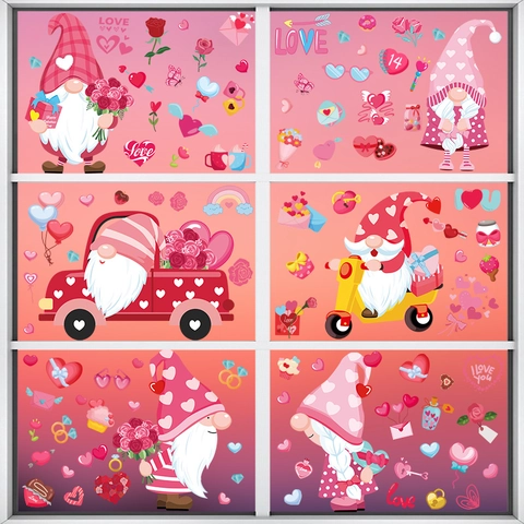 Pegatinas De Ventana San Valentín Doble Cara Estática PVC Adhesivos Gnomo Dibujos Animados Corazón Decoración Vidrio Romántica