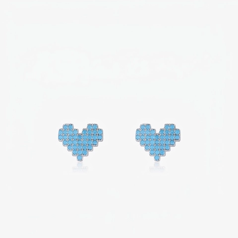 Pendientes De Botón Corazón Pixel Retro Plata De Ley 925 Circonita Azul Joyería Mujer