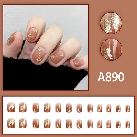 Press On Nails Gradient Caramel Brown Gold Foil Butterfly Flower Shiny Glitter Short Square Elegant For Women