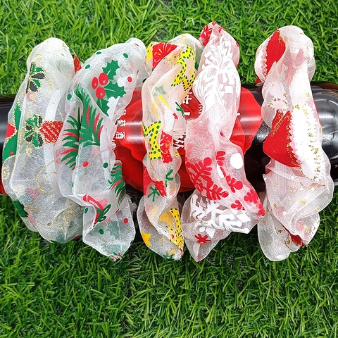 Christmas Mesh Scrunchies Organza Hair Ties Elastic Ponytail Holder Festive Snowflake Star Pattern For Women Girls