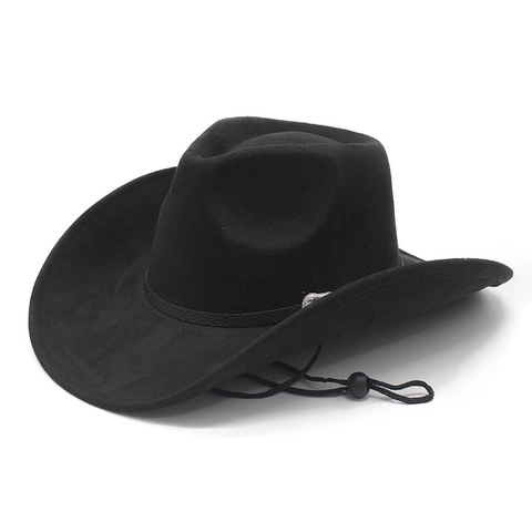 Western Cowboy Hat Suede Fabric Wide Brim Vintage Belt Buckle Adjustable Wind Rope Retro Knight Style