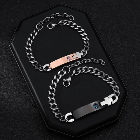 Edelstahl Kreuz Paar Armband Panzerkette Eingelegter Quadratischer Zirkonia Mode Punk Schmuck Für Damen Und Herren