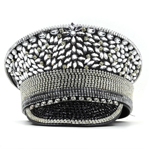 Sombrero De Capitán Militar De Lujo Con Pedrería De Cristal Y Cadena Plateada Actuación Fiesta