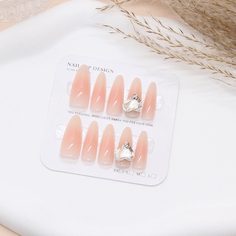 Long Almond Press On Nails Pink White Gradient Glossy With Heart Rhinestones Luxury Elegant False Nails For Women