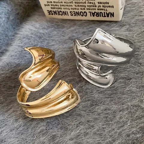 Wide Alloy Cuff Bangle Irregular Pleated Liquid Metal Style Open Adjustable Bracelet Modern Art Retro Jewelry For Women
